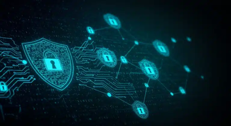 Digital security shield protecting tech infrastructure