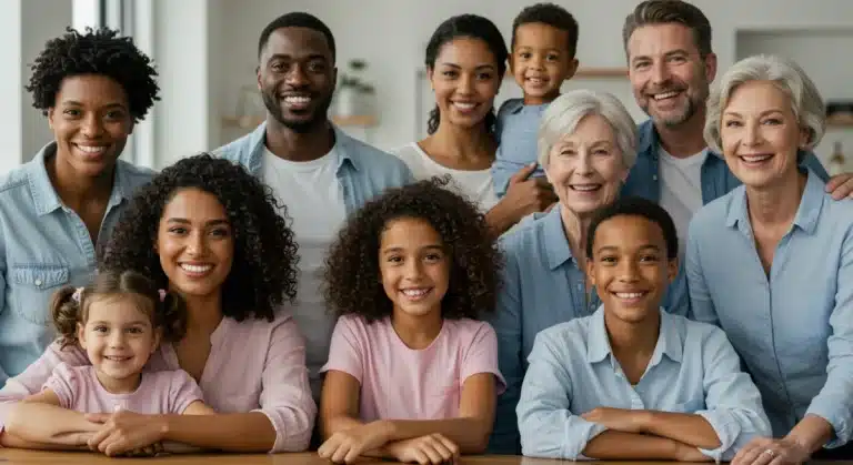 Diverse modern family structures in a warm, inclusive setting in the US, symbolizing acceptance.
