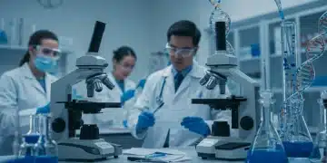 Scientists in a futuristic lab researching gene therapies for chronic diseases