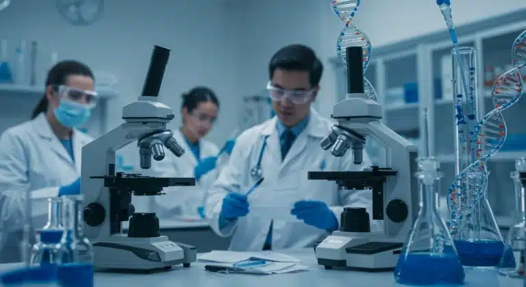 Scientists in a futuristic lab researching gene therapies for chronic diseases