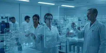 Scientists analyzing genetic data in a futuristic precision medicine lab