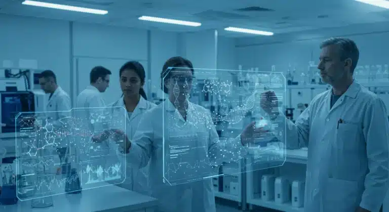 Scientists analyzing genetic data in a futuristic precision medicine lab
