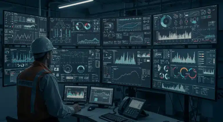 Industrial control room with real-time IoT sensor data for efficiency
