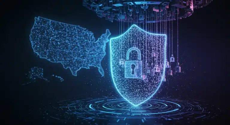 Futuristic quantum data shield protecting US businesses in 2026