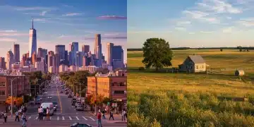 Contrasting urban skyline with rural farmland, symbolizing cultural identity shifts in the U.S.