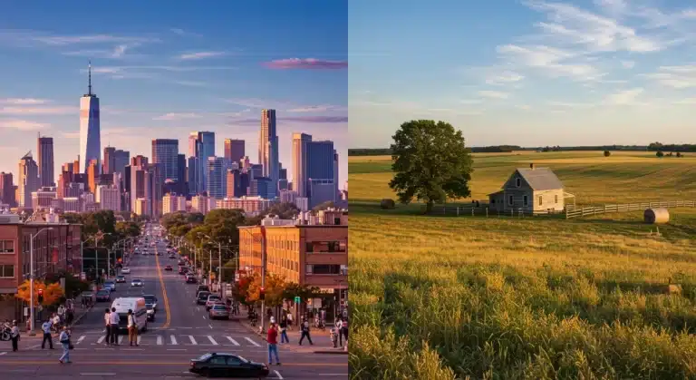 Contrasting urban skyline with rural farmland, symbolizing cultural identity shifts in the U.S.