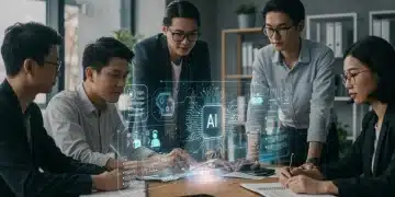 US startup team reviewing AI Act compliance documents on a holographic display.