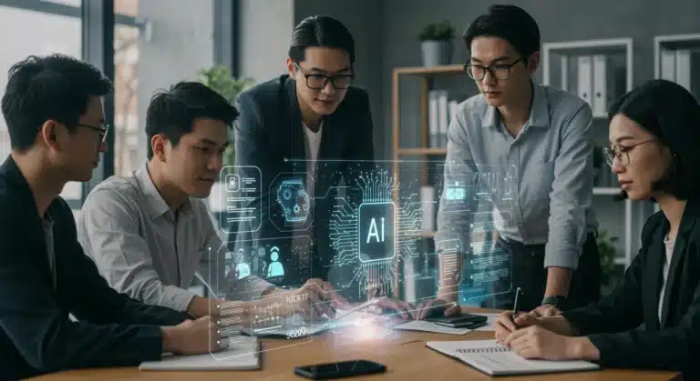 US startup team reviewing AI Act compliance documents on a holographic display.
