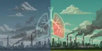 City skyline with smog and clean air juxtaposed, illustrating air quality's impact on respiratory health in 2026.