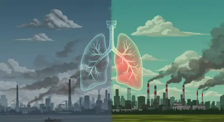 City skyline with smog and clean air juxtaposed, illustrating air quality's impact on respiratory health in 2026.