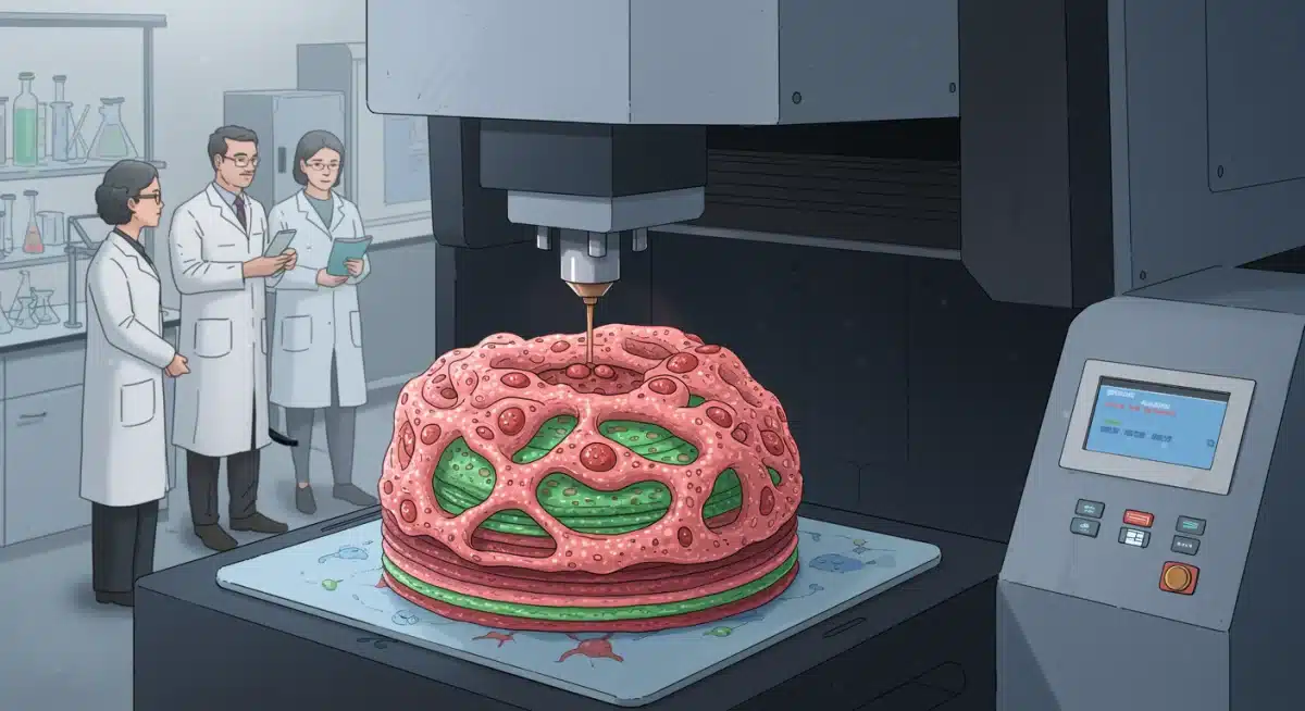 3D bioprinter creating complex organic tissue in a lab