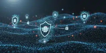 AI-powered cybersecurity shield protecting a corporate network from digital threats.