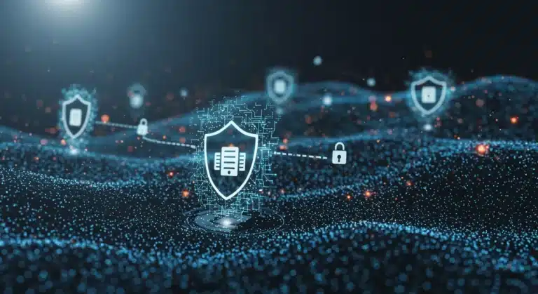 AI-powered cybersecurity shield protecting a corporate network from digital threats.