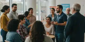 Diverse Americans openly discussing mental wellness in a supportive community setting.