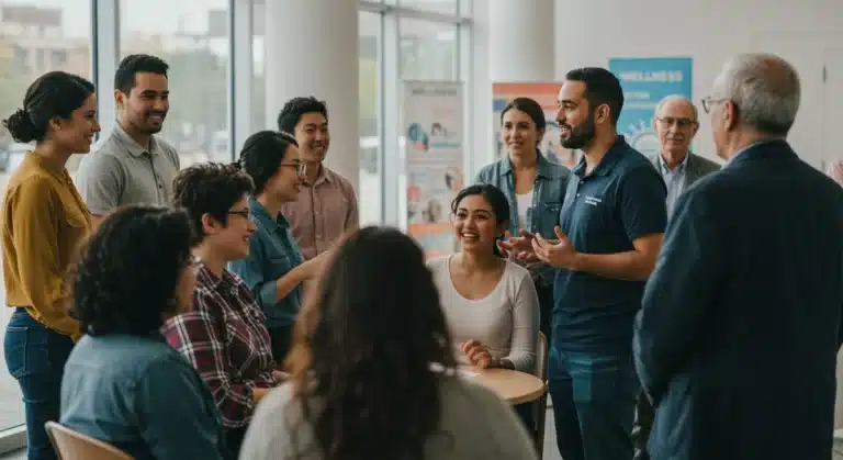 Diverse Americans openly discussing mental wellness in a supportive community setting.