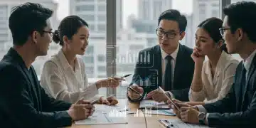 Business team analyzing customer loyalty data on a screen in a modern office