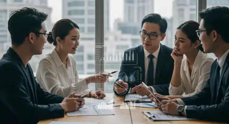 Business team analyzing customer loyalty data on a screen in a modern office