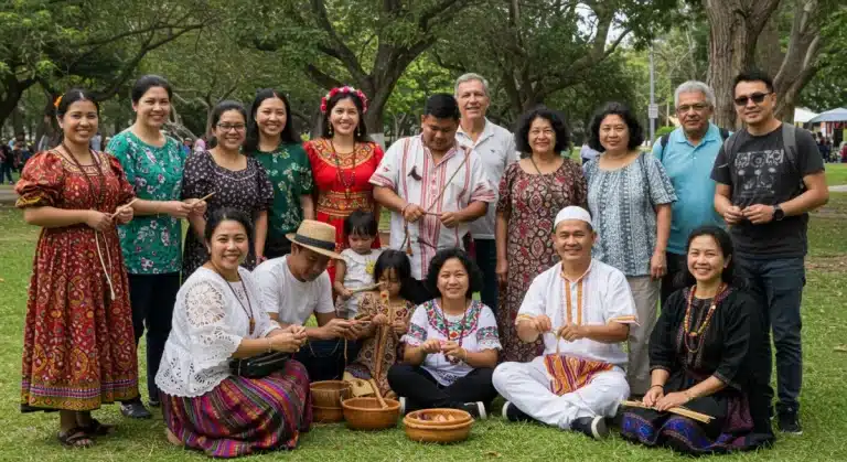Diverse community members engaging in cultural heritage activities, celebrating identity and connection.