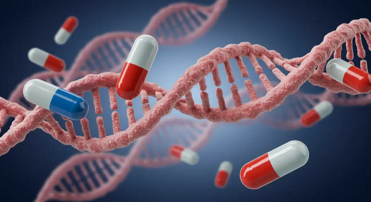 DNA helix intertwined with targeted cancer therapy drugs, representing personalized medicine