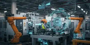 Futuristic US manufacturing facility with Edge AI optimizing operations