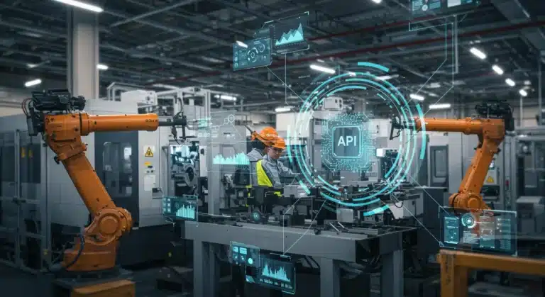 Futuristic US manufacturing facility with Edge AI optimizing operations