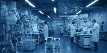 Scientists in a futuristic lab developing new vaccine technologies