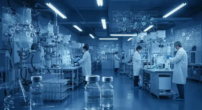 Scientists in a futuristic lab developing new vaccine technologies