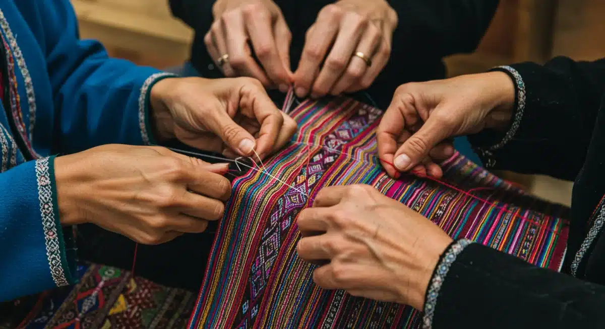 Intergenerational hands collaborating on traditional textile, preserving cultural heritage.