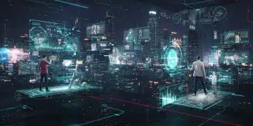 Futuristic metaverse cityscape with interacting avatars and holographic elements.
