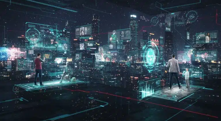 Futuristic metaverse cityscape with interacting avatars and holographic elements.