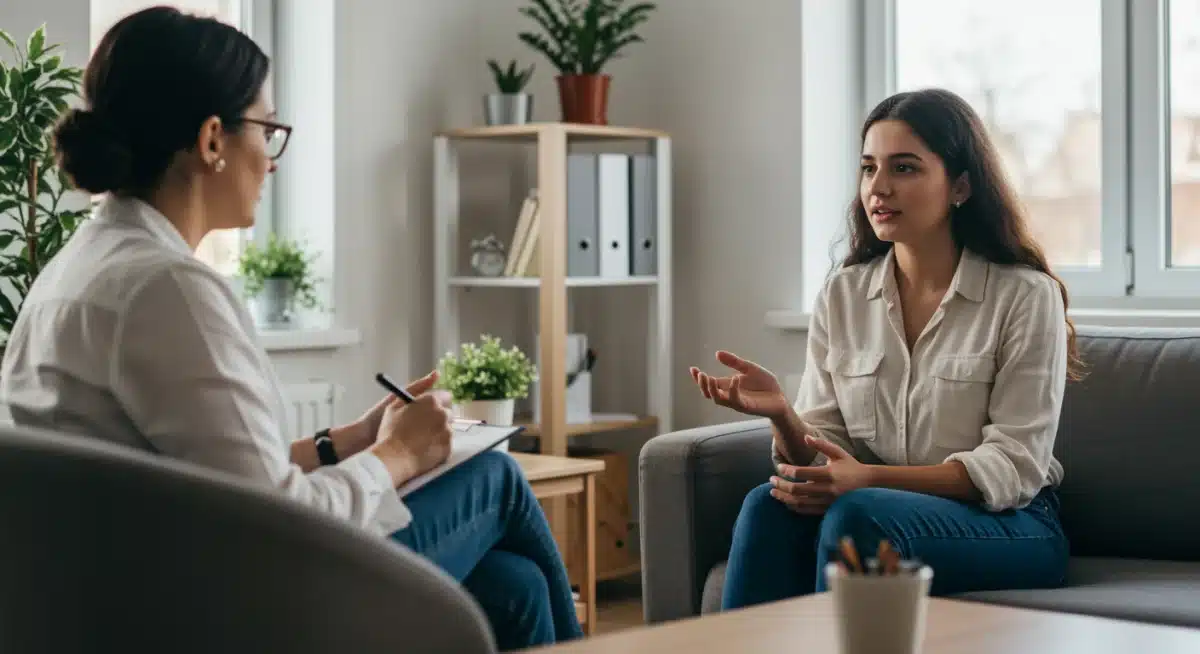Therapist actively listening to a client in a calming, modern therapy room.