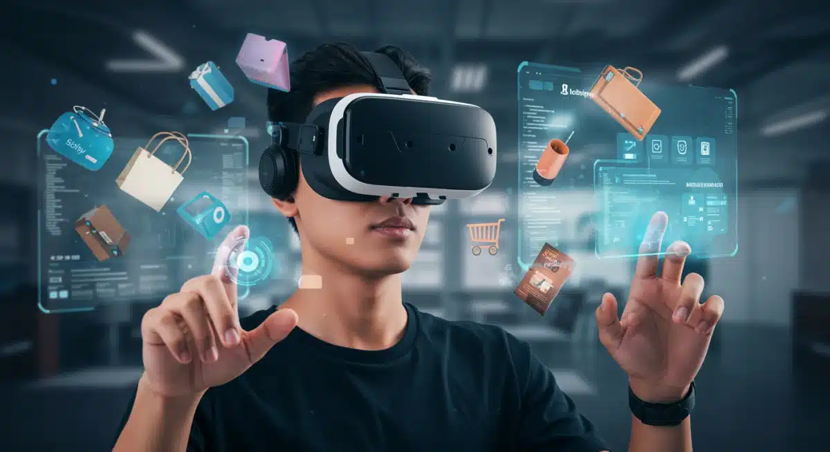 User immersed in virtual reality shopping experience with VR headset.