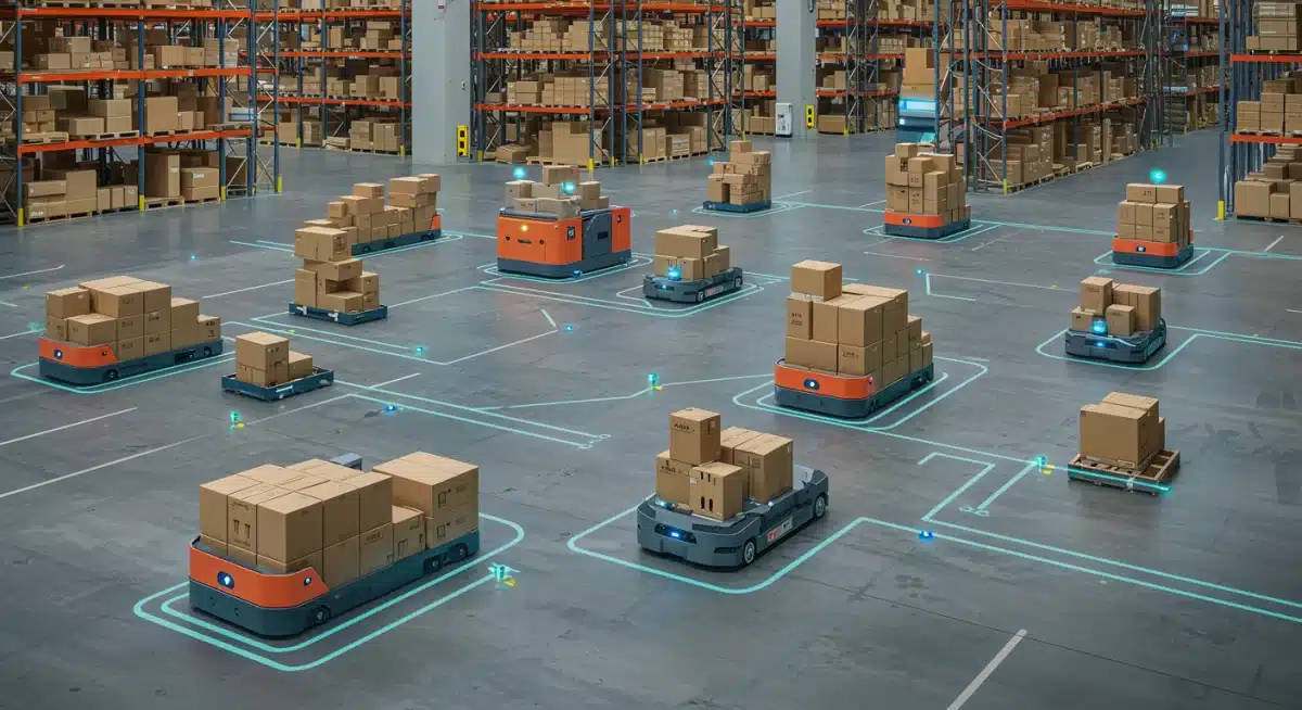 Autonomous mobile robots and automated guided vehicles efficiently transporting materials in a smart warehouse, optimizing logistics.