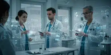 AI-powered medical diagnostics in a futuristic hospital setting, showing data analysis and doctor collaboration.