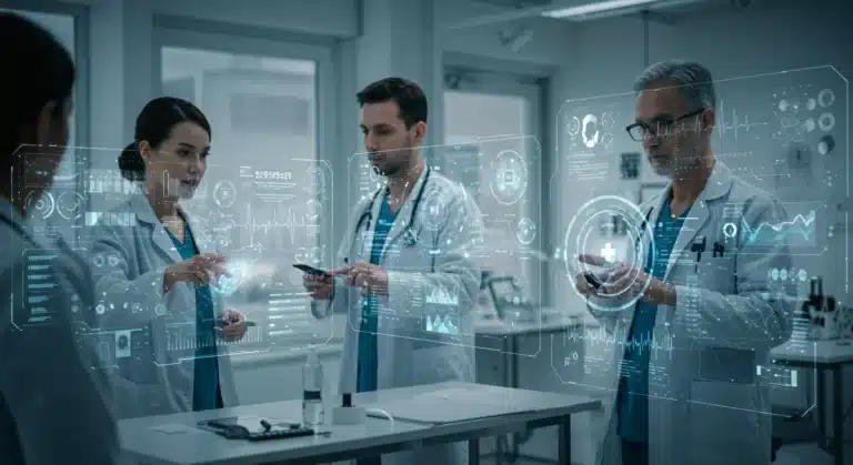 AI-powered medical diagnostics in a futuristic hospital setting, showing data analysis and doctor collaboration.