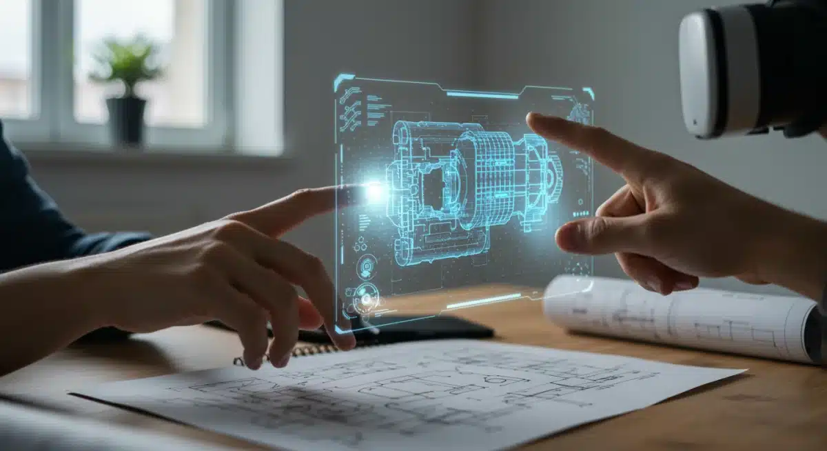 Engineer interacting with a holographic 3D model using augmented reality in a home office.