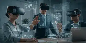 Professionals collaborating virtually with AR/VR headsets in a futuristic office environment.