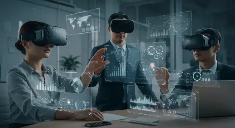 Professionals collaborating virtually with AR/VR headsets in a futuristic office environment.