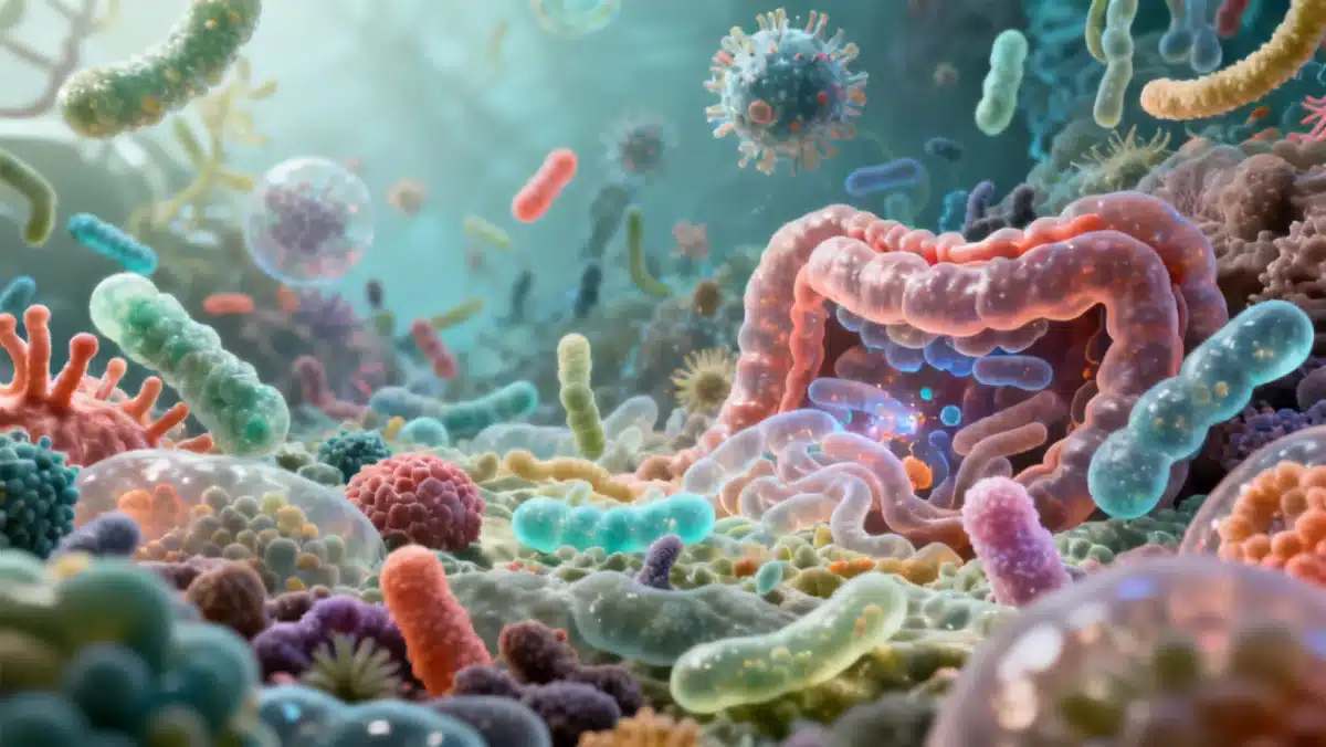 Microscopic view of diverse beneficial gut bacteria strains