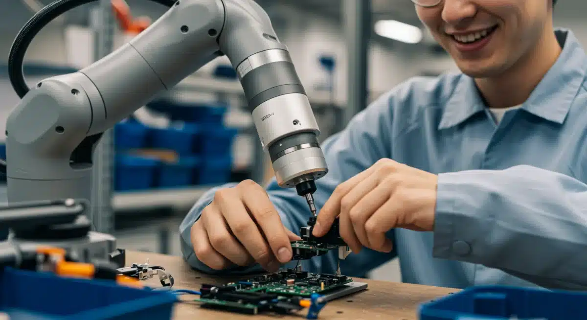 Collaborative robot working alongside a human technician in a manufacturing setting, showcasing human-robot collaboration and safety.