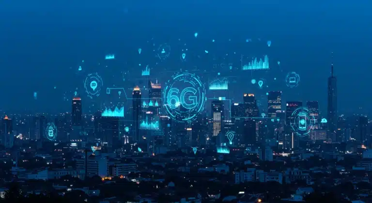 Futuristic cityscape with holographic data streams representing 6G connectivity and IoT integration
