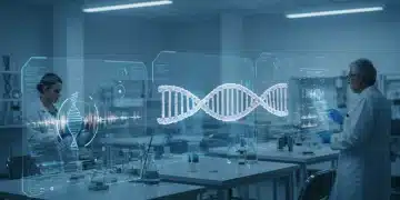 Scientists analyzing DNA in a futuristic lab, symbolizing advanced genomic sequencing.