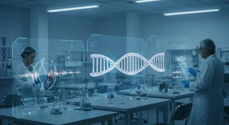 Scientists analyzing DNA in a futuristic lab, symbolizing advanced genomic sequencing.