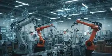 Advanced robotic arms and human workers collaborating in a modern factory, symbolizing industrial productivity gains through automation.