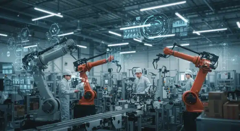 Advanced robotic arms and human workers collaborating in a modern factory, symbolizing industrial productivity gains through automation.