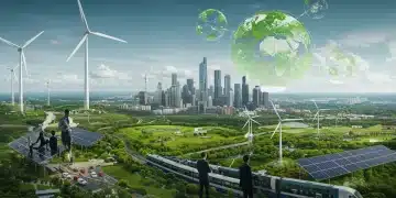 Futuristic green city with renewable energy and business collaboration, symbolizing green economy opportunities.