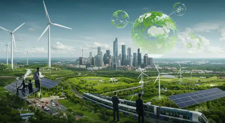 Futuristic green city with renewable energy and business collaboration, symbolizing green economy opportunities.