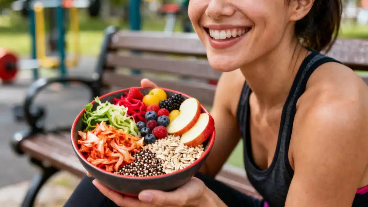 Person enjoying gut-healthy foods for improved digestive well-being