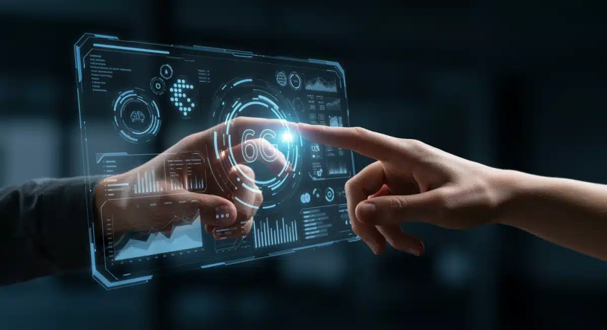 Human hand interacting with a holographic interface, demonstrating 6G-powered augmented reality