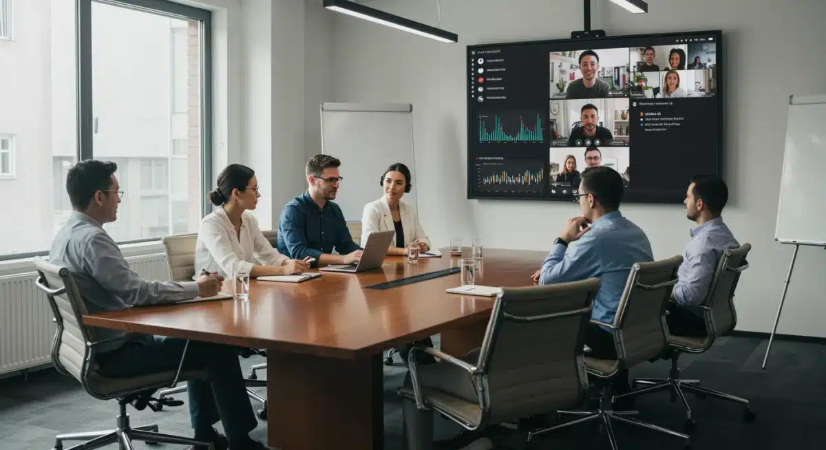 Hybrid team meeting with in-person and remote participants collaborating effectively.